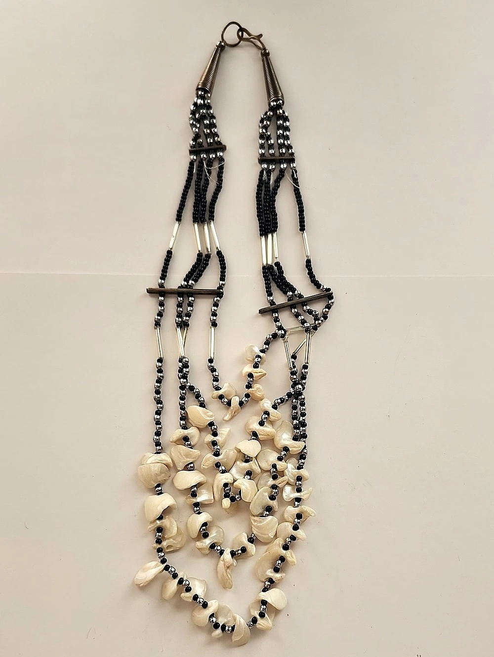 Vintage Wired Black & Cream Shell Beaded Statement Necklace